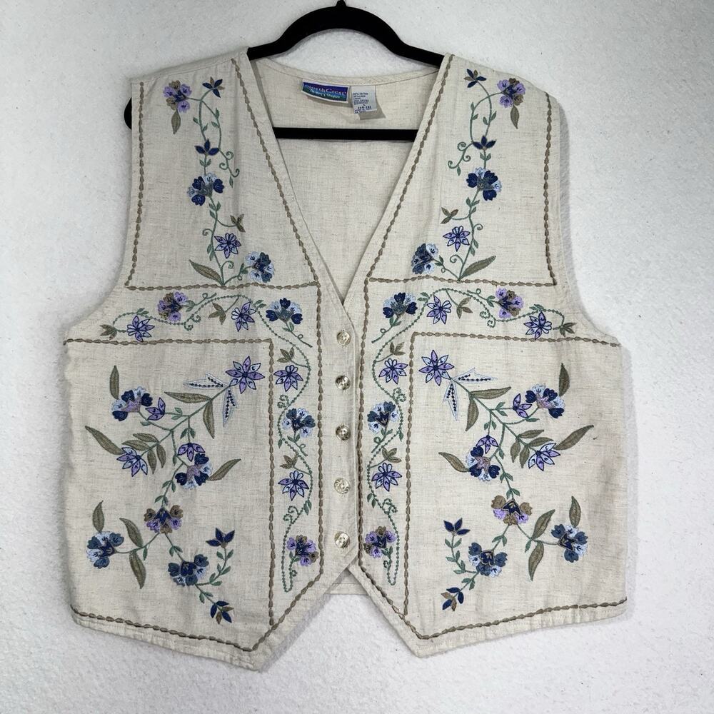 Northcrest 90s Cottagecore Denim Vest Embroidered Flowers VTG Boho Women’s Large